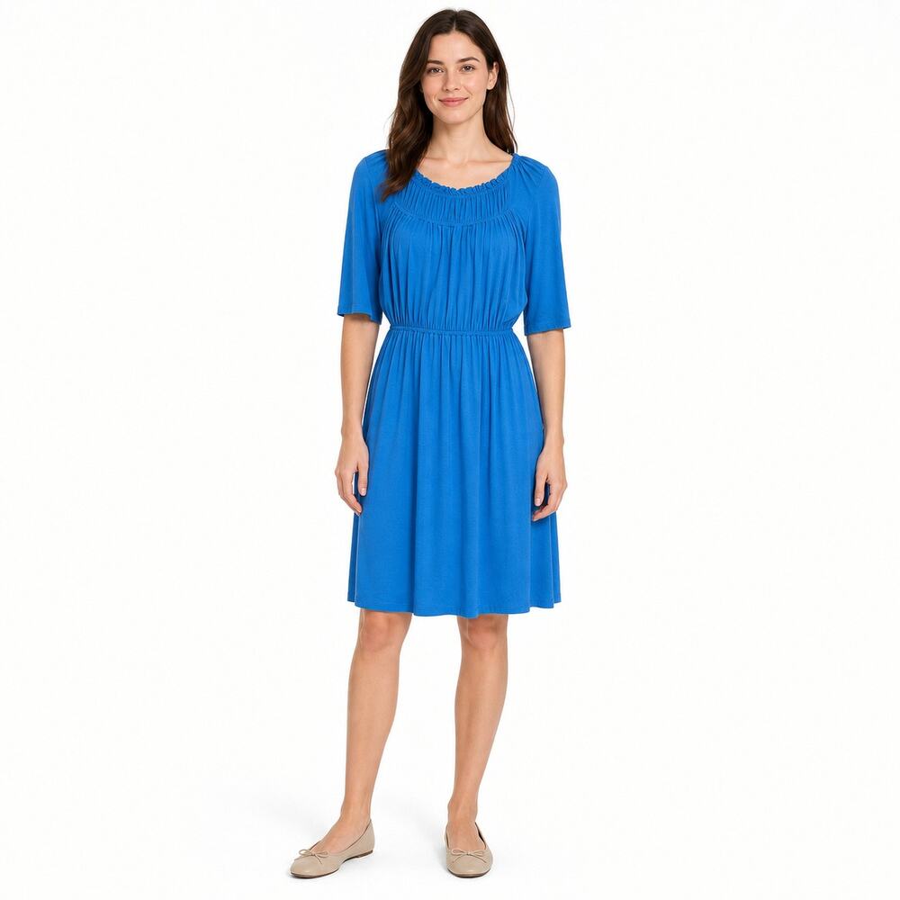 Kristen Davis blue ruched dress short sleeve round neck EUC XS